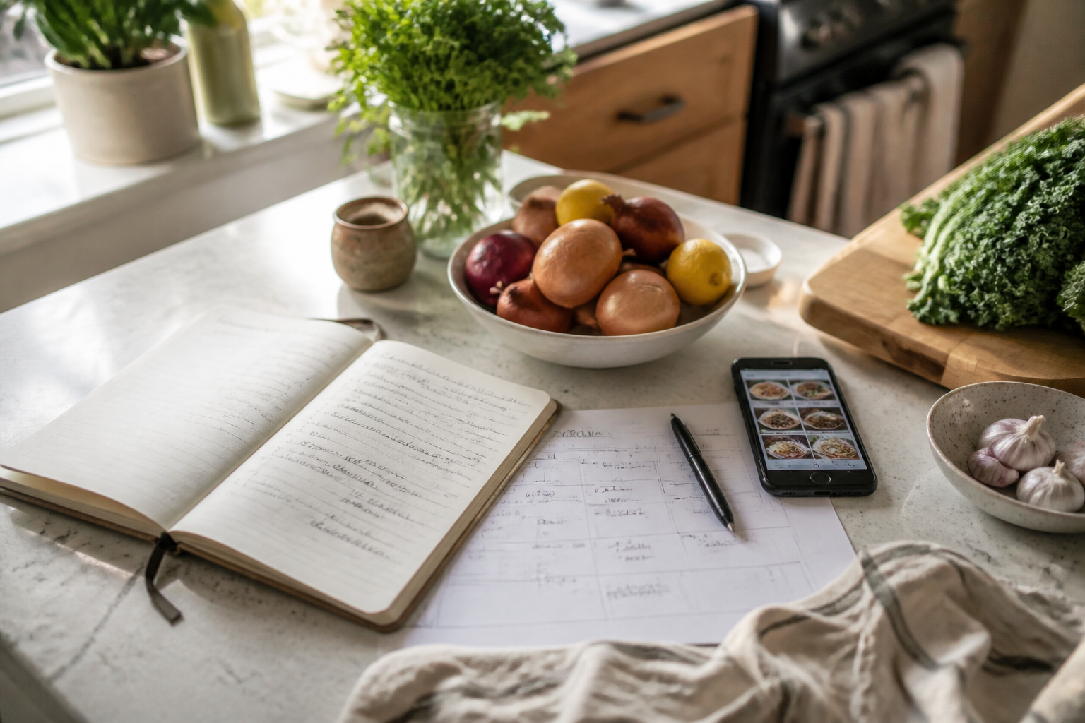 A refrigerator stocked with everyday ingredients beside a phone and a handwritten weekly meal plan.
