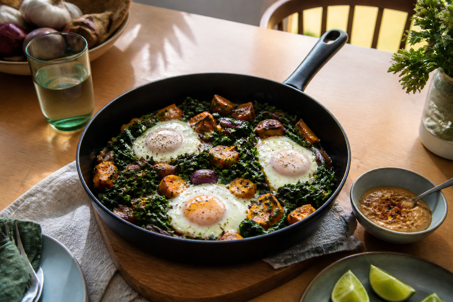 A weeknight skillet of eggs over greens and roasted vegetables, with sauce on the side.