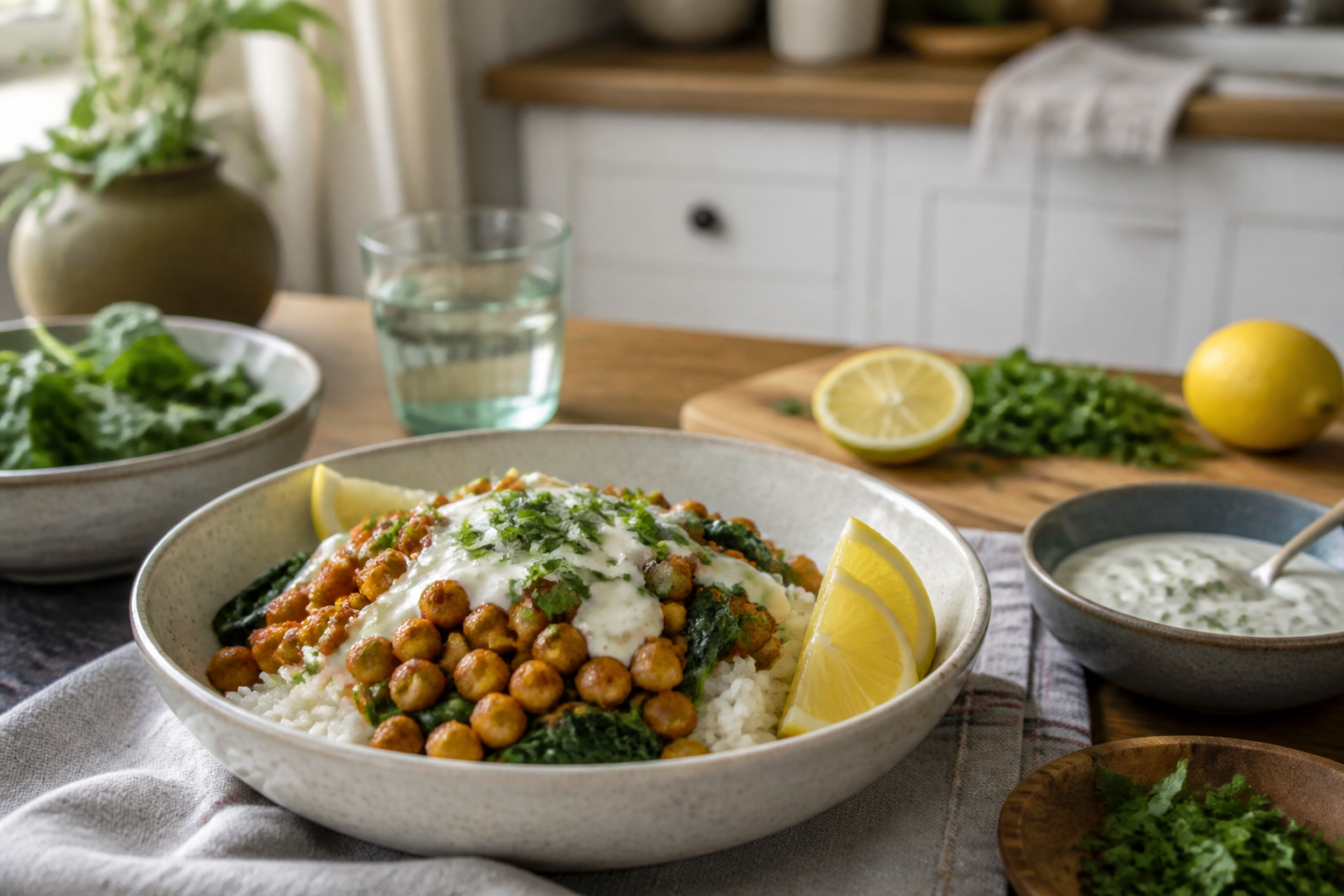 A bowl of rice topped with golden chickpeas, wilted greens, lemon, and yogurt sauce.