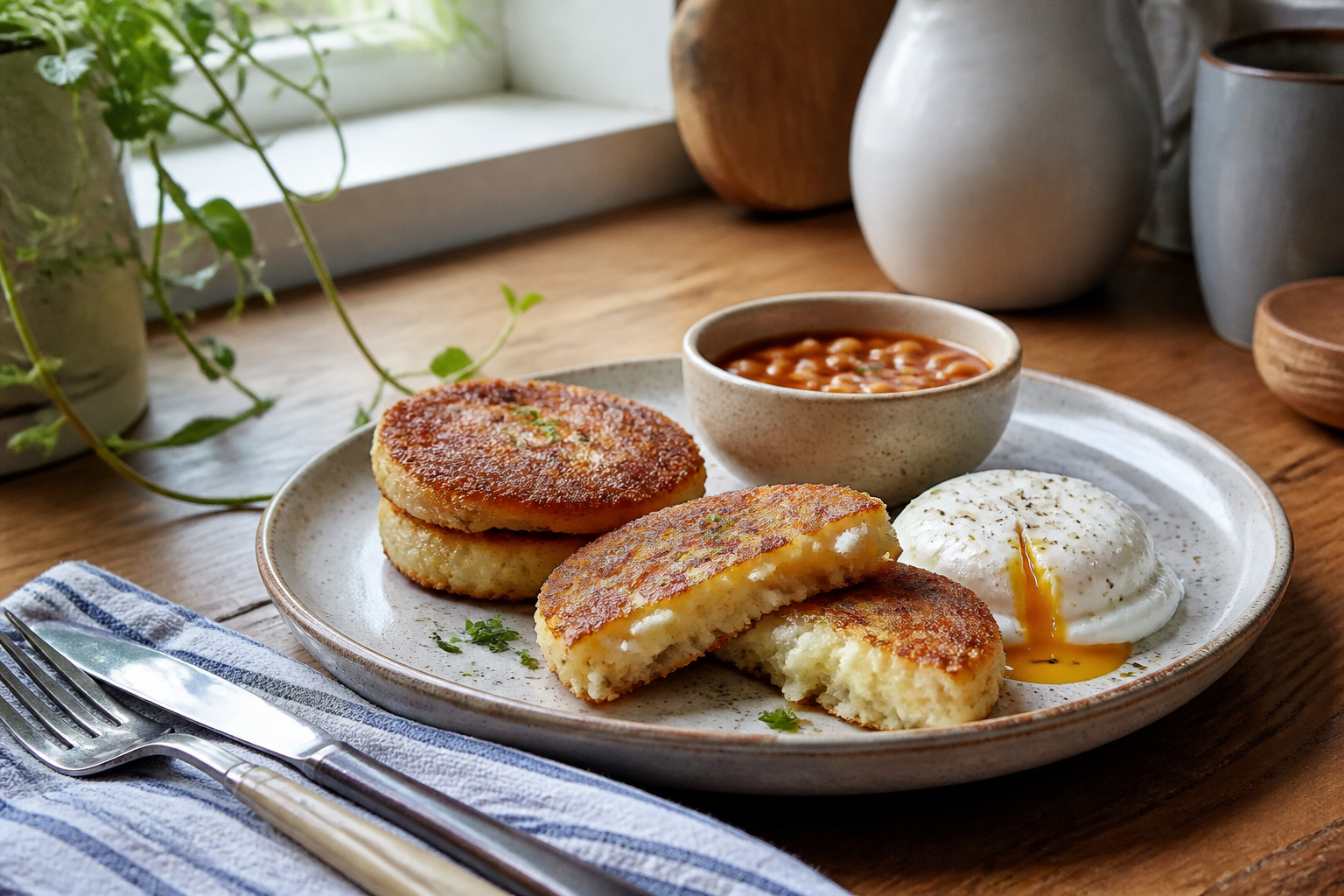 Crisp golden mashed potato cakes served with a poached egg and baked beans.