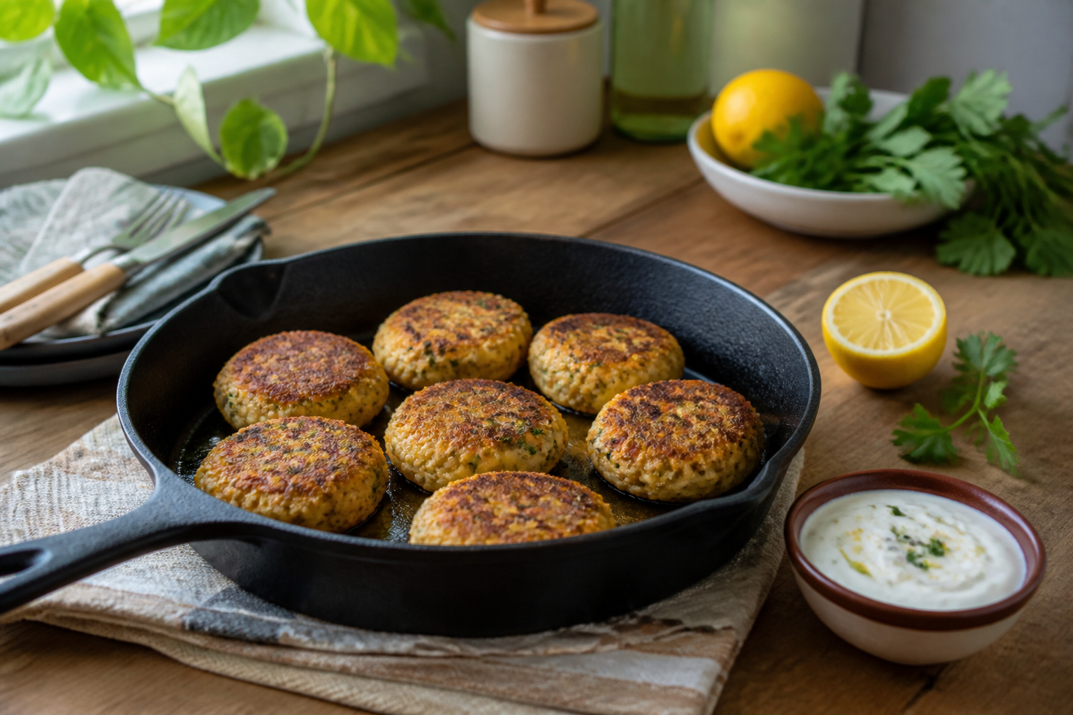 Golden chicken and rice patties in a skillet beside yogurt sauce and a cut lemon.