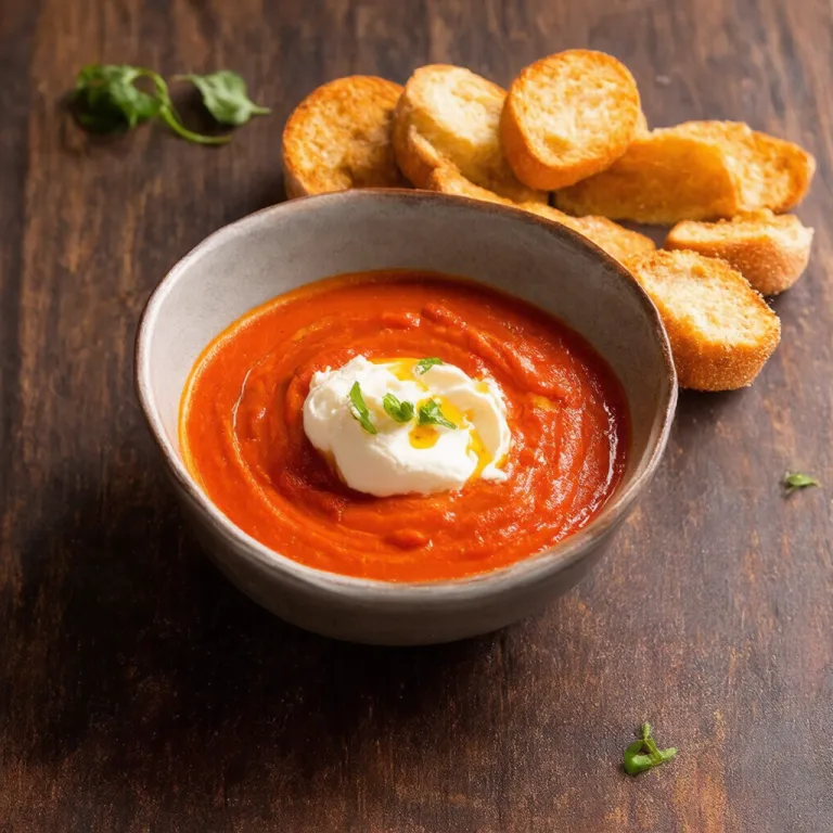 Roasted Tomato Bisque with Burrata and Parmesan Croutons