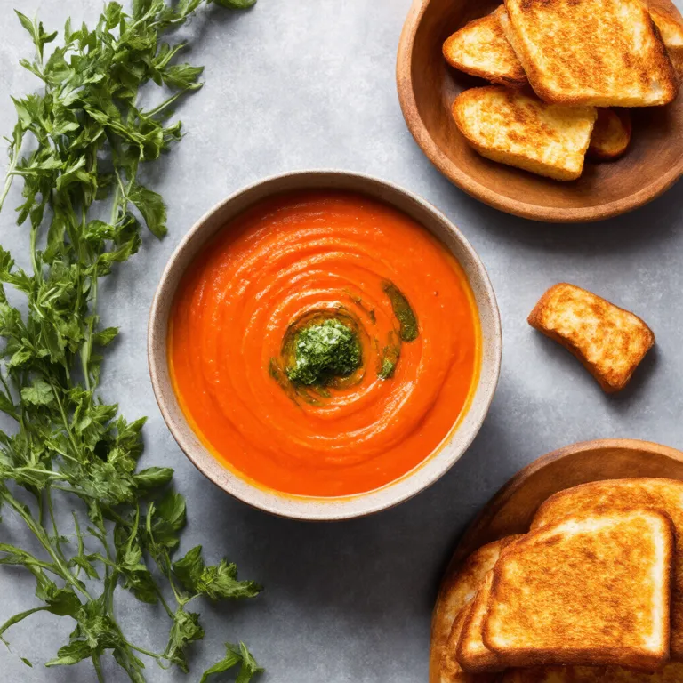 Classic Tomato Soup with Herb Oil and Artisan Grilled Cheese Croutons